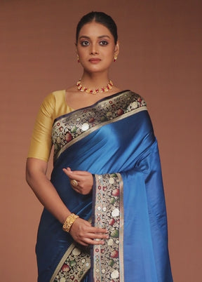 Blue Handloom Banarasi Pure Silk Saree With Blouse Piece