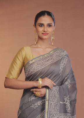 Grey Chanderi Silk Saree With Blouse Piece