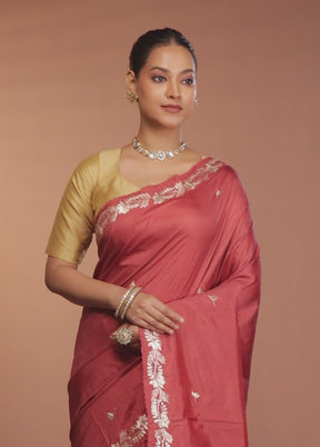 Rust Handloom Printed Pure Silk Saree Without Blouse Piece