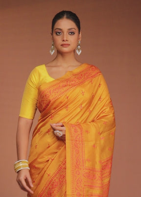 Yellow Handloom Kantha Stitch Pure Silk Saree With Blouse Piece