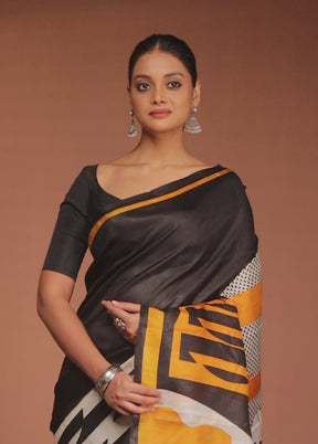 Black Printed Pure Silk Saree Without Blouse Piece