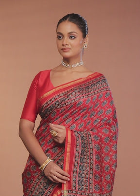 Red Chanderi Silk Saree With Blouse Piece