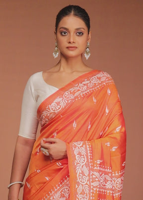 Rust Handloom Kantha Stitch Pure Silk Saree With Blouse Piece